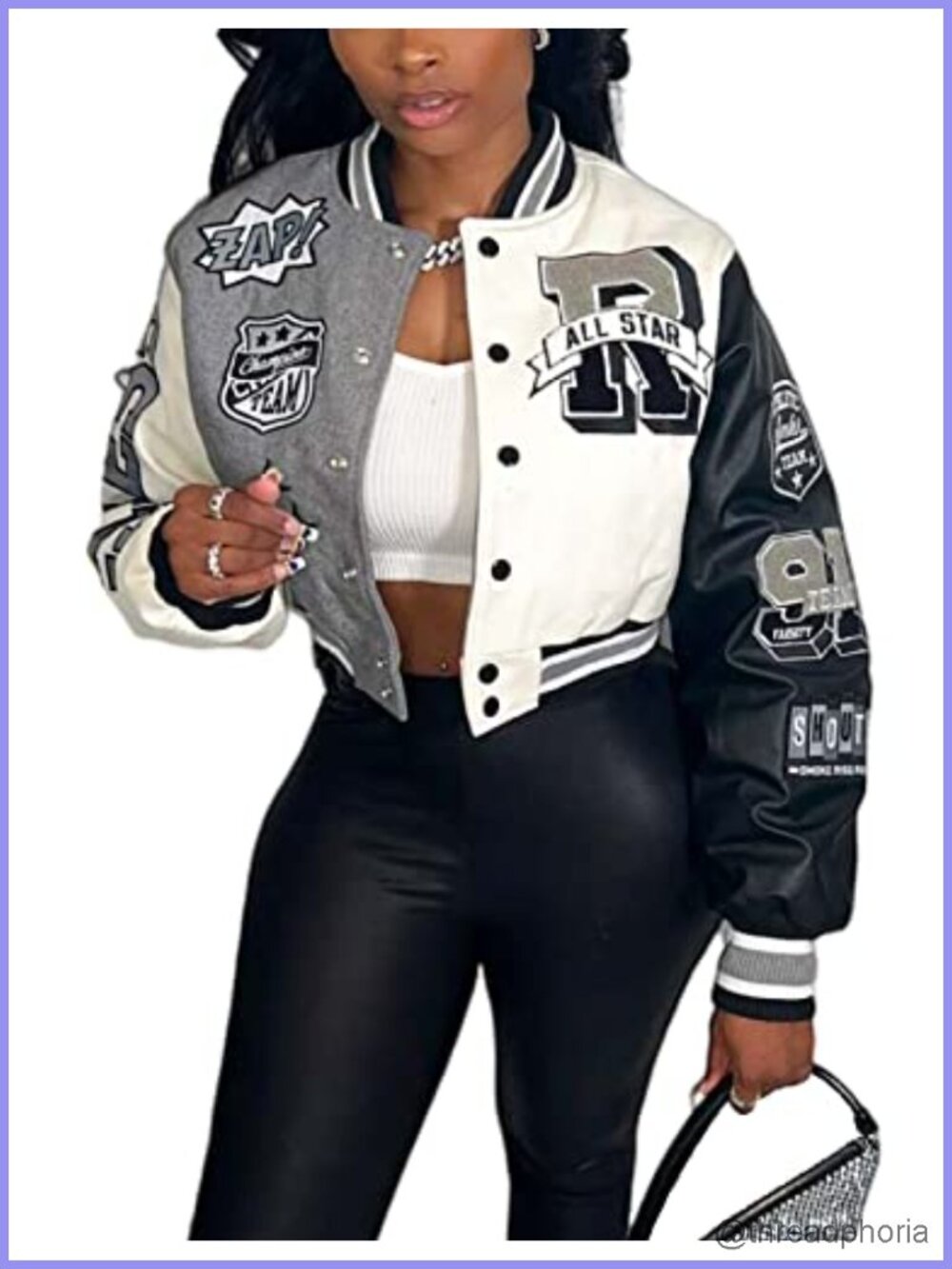 Cropped Varsity Jacket Colorblock Letter Print Button Down Letterman Bomber